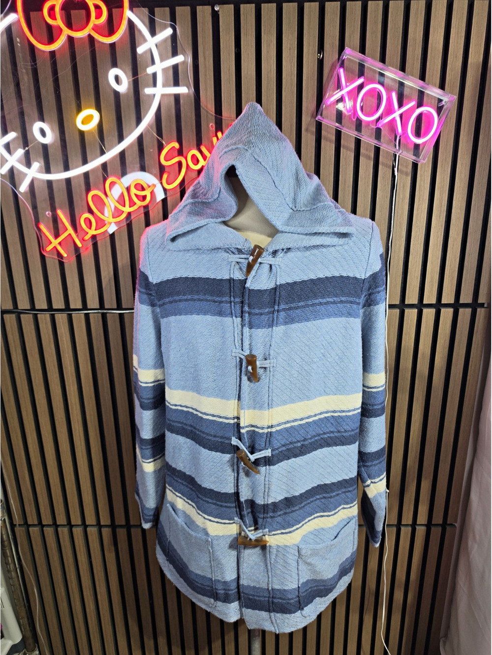 Chaps Denim Knit Cardigan Sweater Mens XL Blue Striped Hooded Toggle Long Sleeve